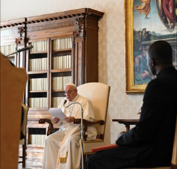 Francis delivering speech on Mary Mediator